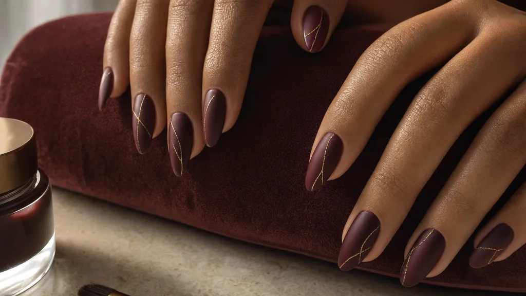Mãos com unhas longas amendoadas em bordô com fios dourados, apoiadas em veludo vinho.